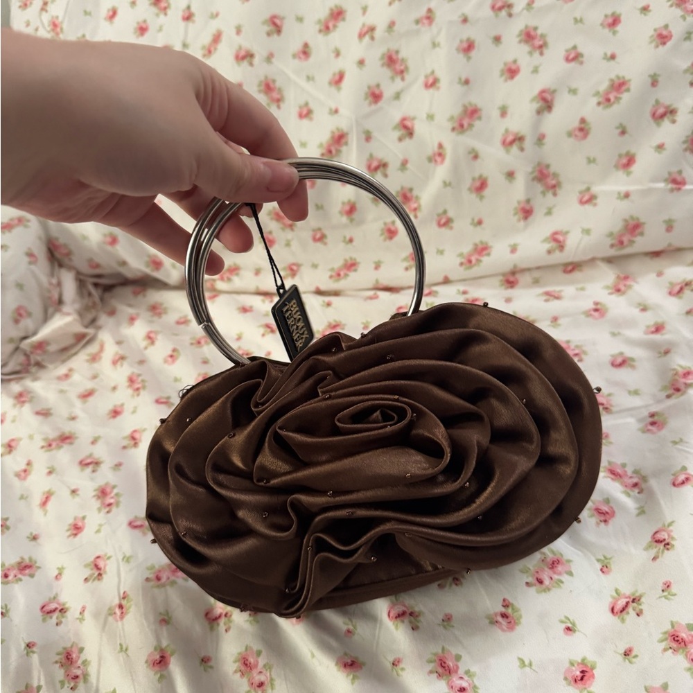 Brown Floral Satin Clutch
